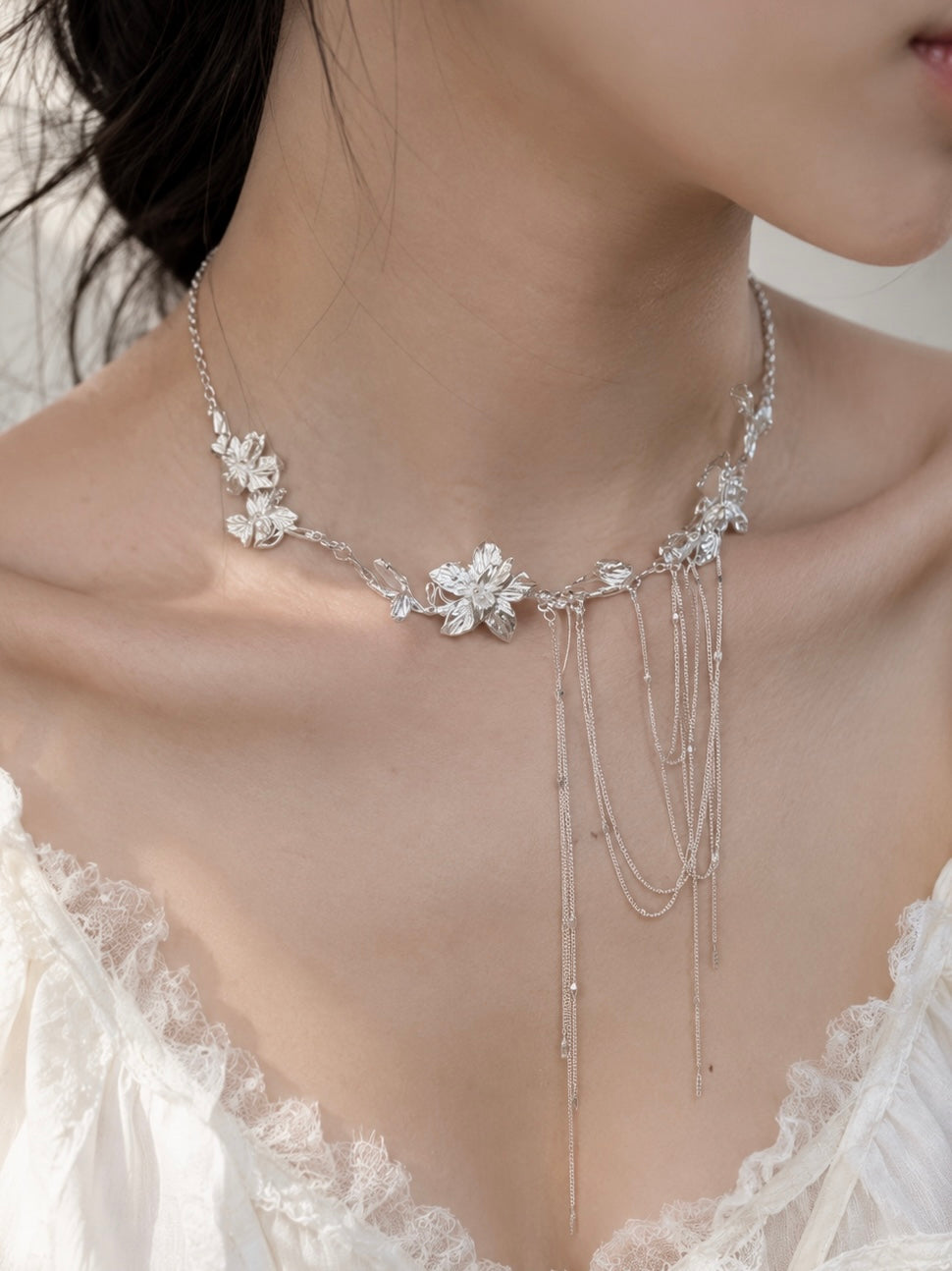 Silver Bloom Cascade Necklace