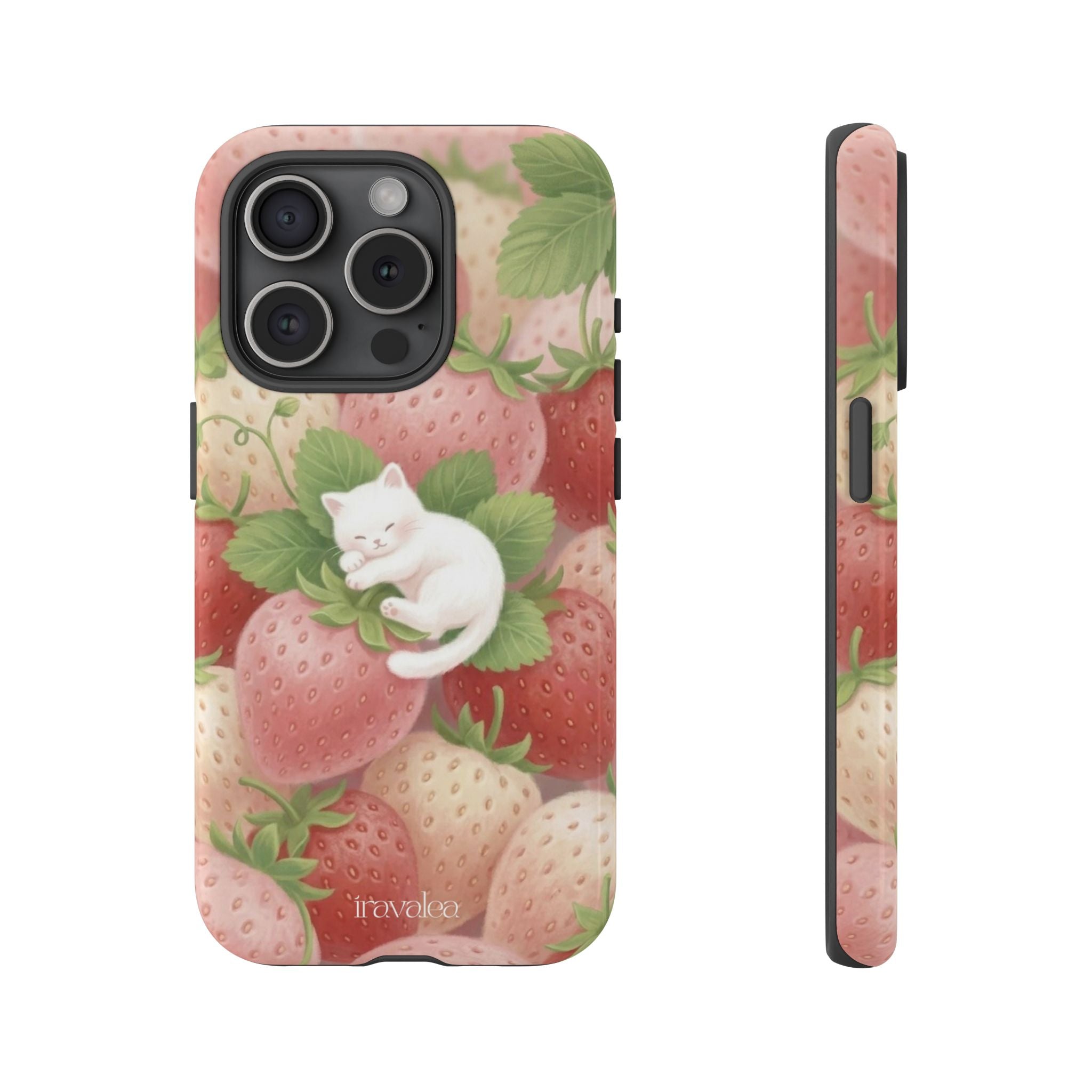 White Sleeping Cat on Strawberries Phone Case