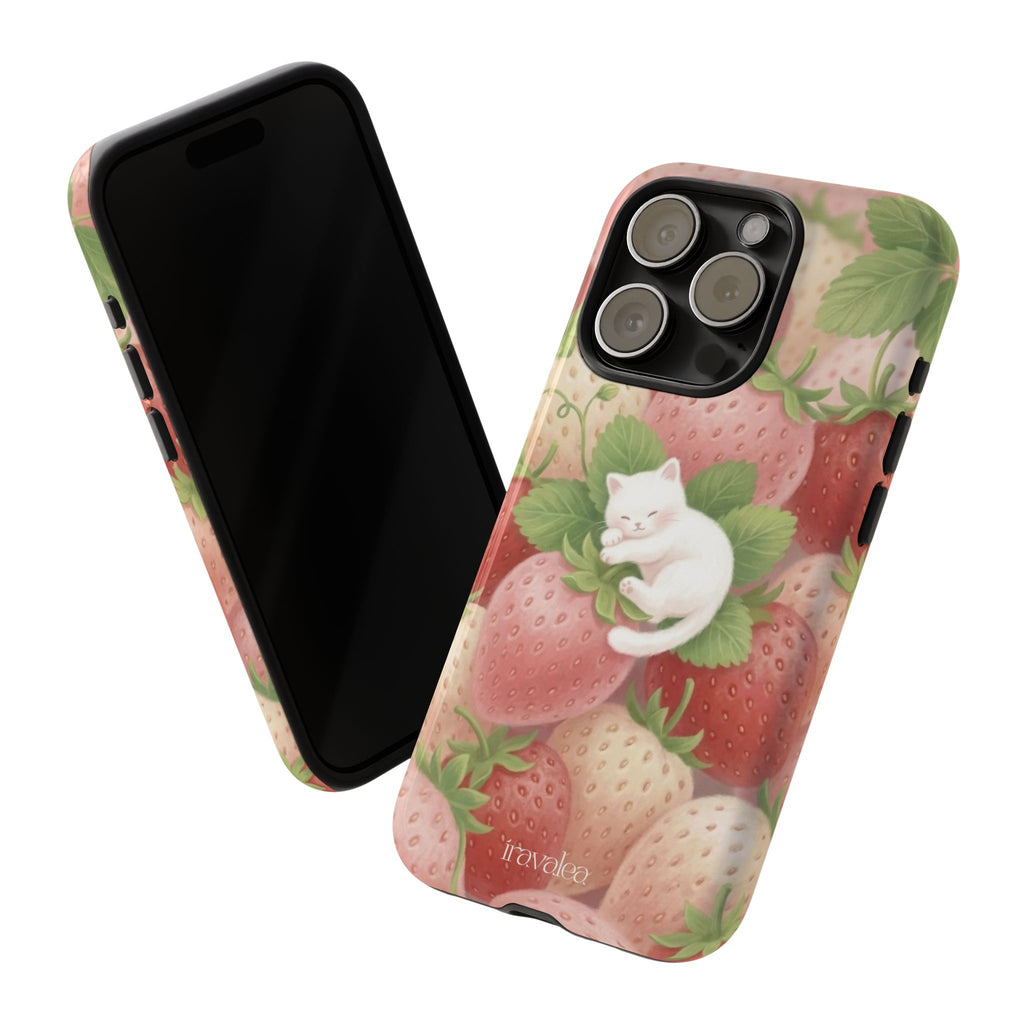 White Sleeping Cat on Strawberries Phone Case