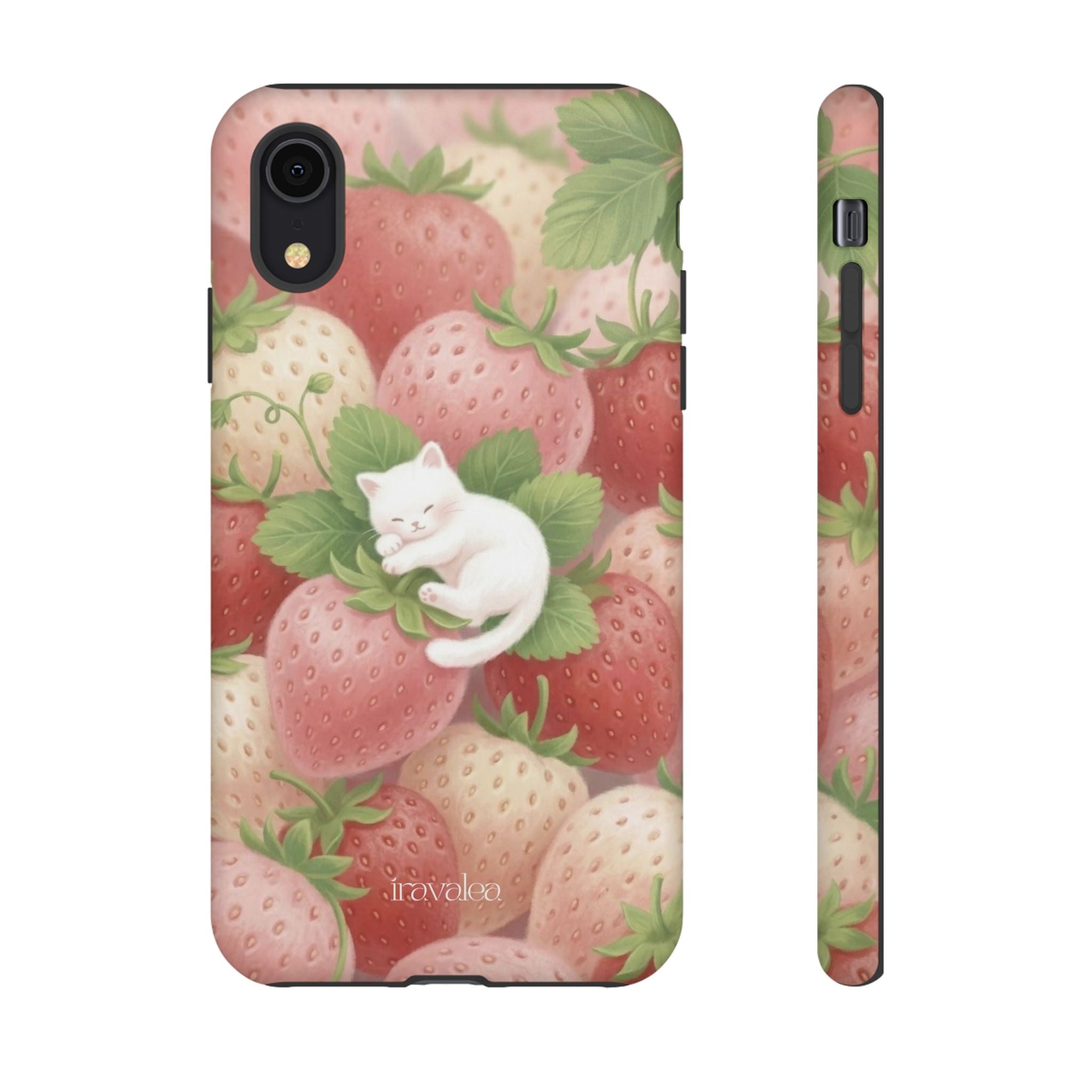 White Sleeping Cat on Strawberries Phone Case