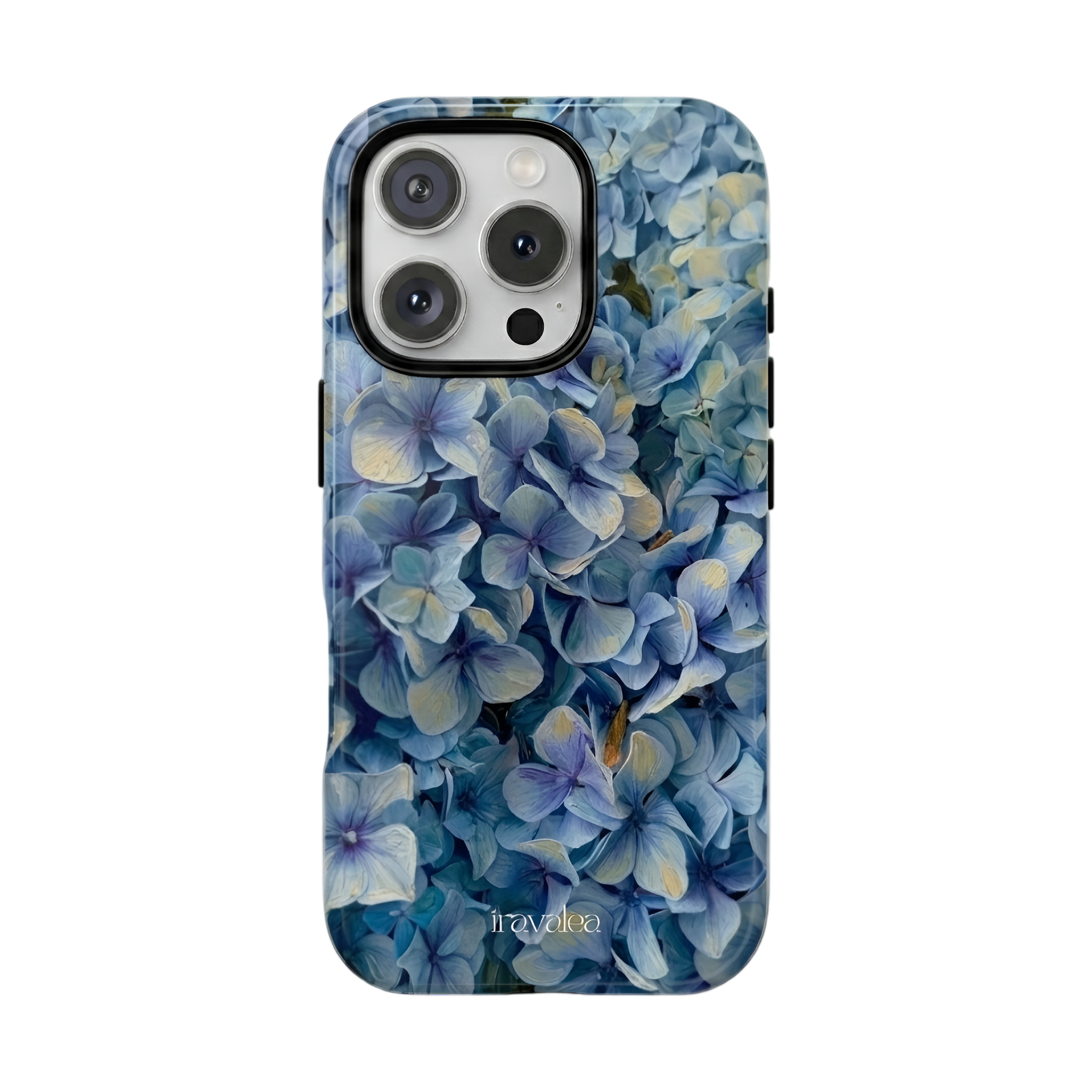 Phone case with blue floral design on a white background