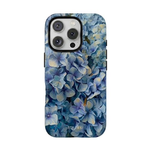 Phone case with blue floral design on a white background