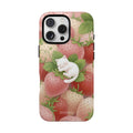 Phone case with strawberry and cat design on a white background