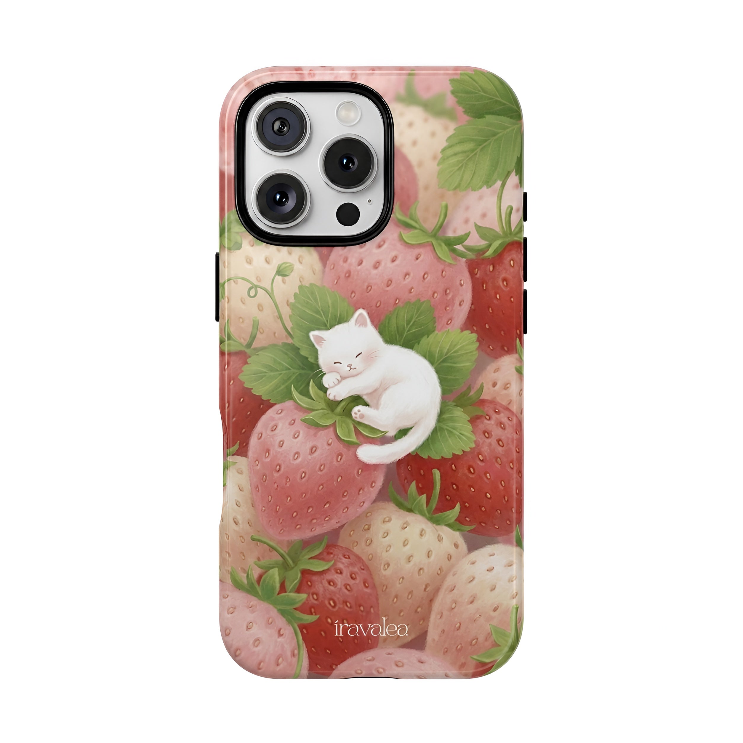 Phone case with strawberry and cat design on a white background