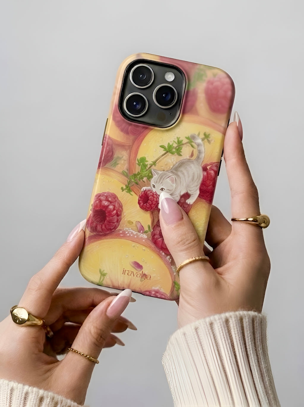 Cat with Raspberries and Peach Slices Phone Case
