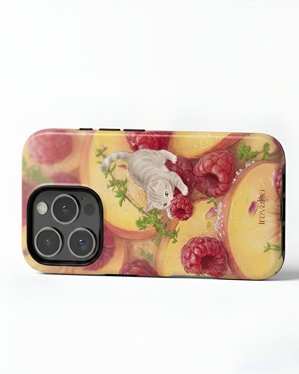 Cat with Raspberries and Peach Slices Phone Case