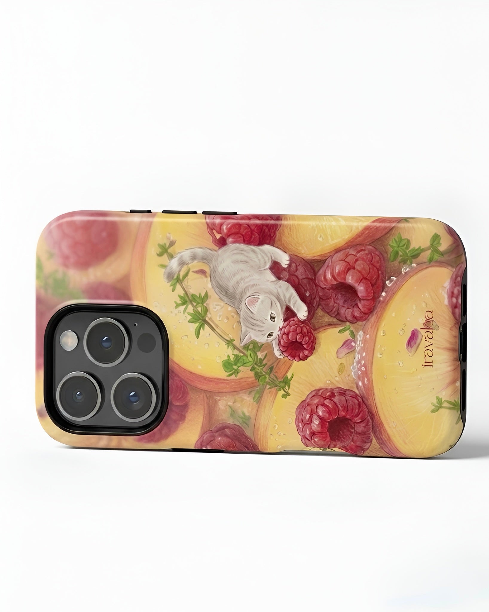 Cat with Raspberries and Peach Slices Phone Case
