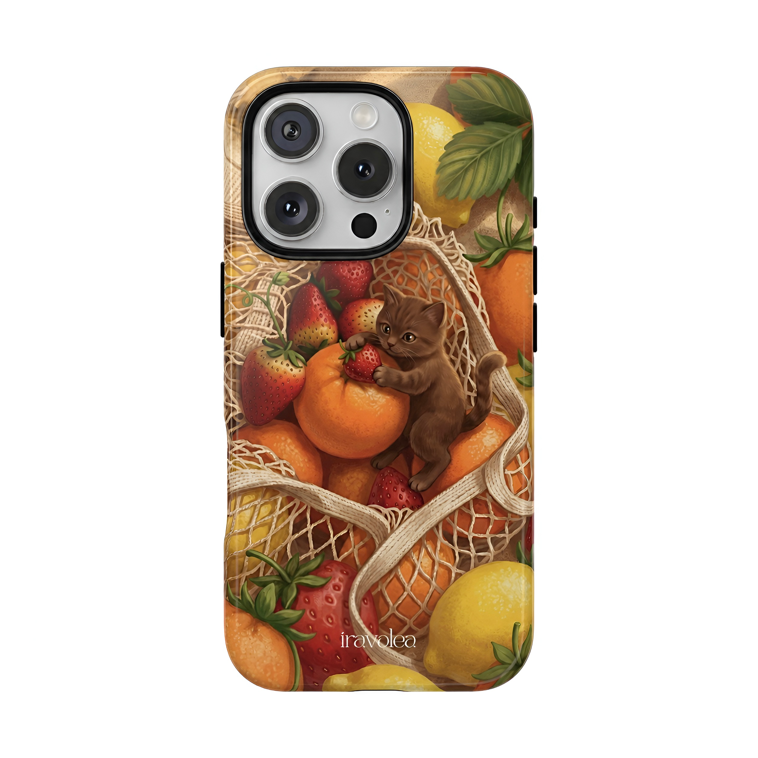 Phone case with a design of a cat among fruits and vegetables on a white background