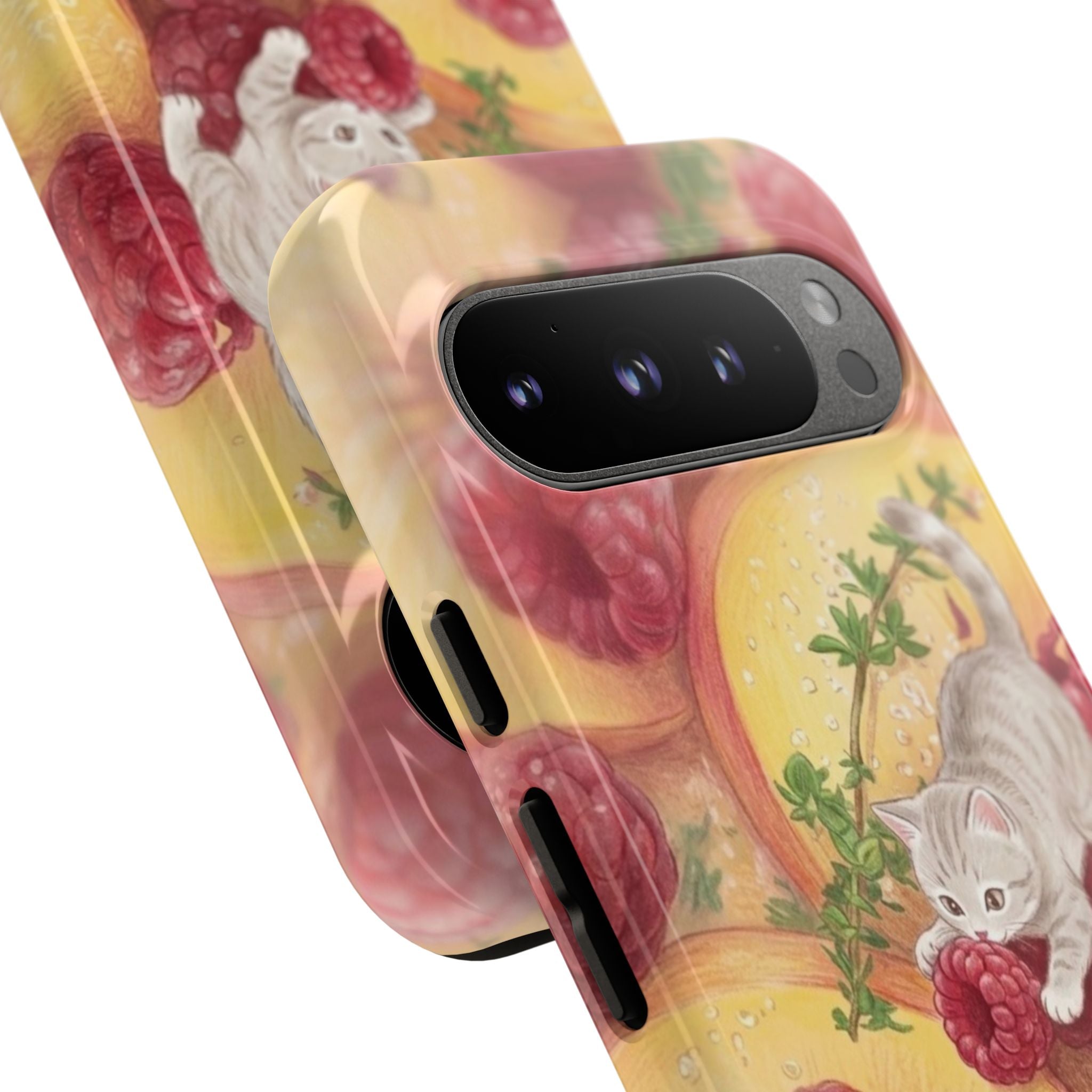 Cat with Raspberries and Peach Slices Phone Case