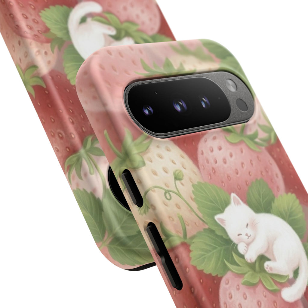 White Sleeping Cat on Strawberries Phone Case