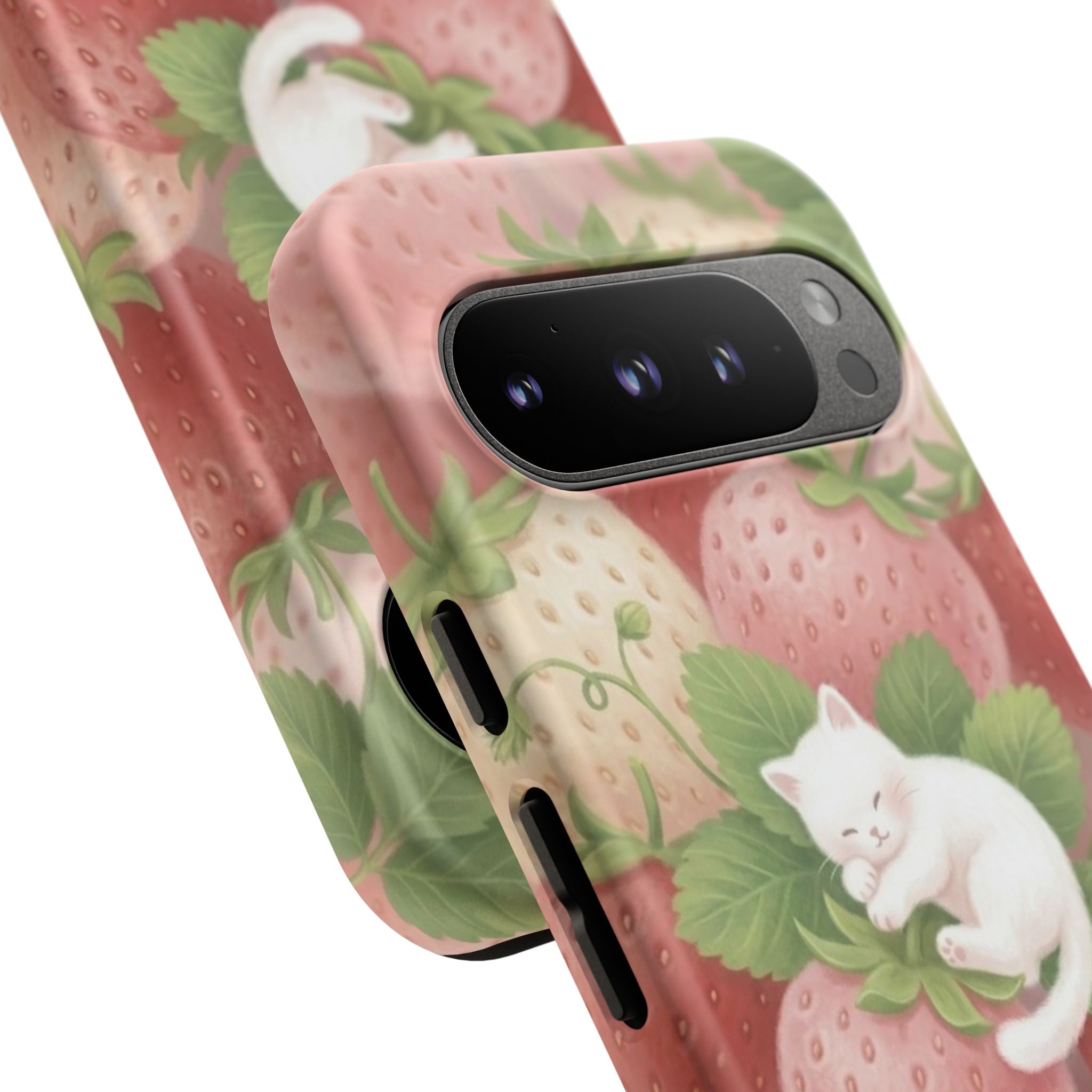 White Sleeping Cat on Strawberries Phone Case