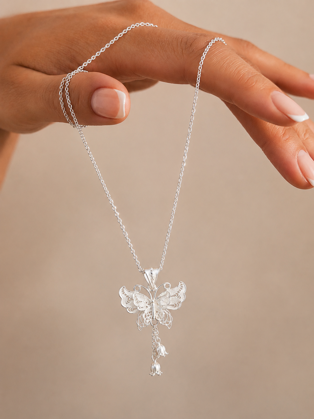 Silver Butterfly Bell Necklace