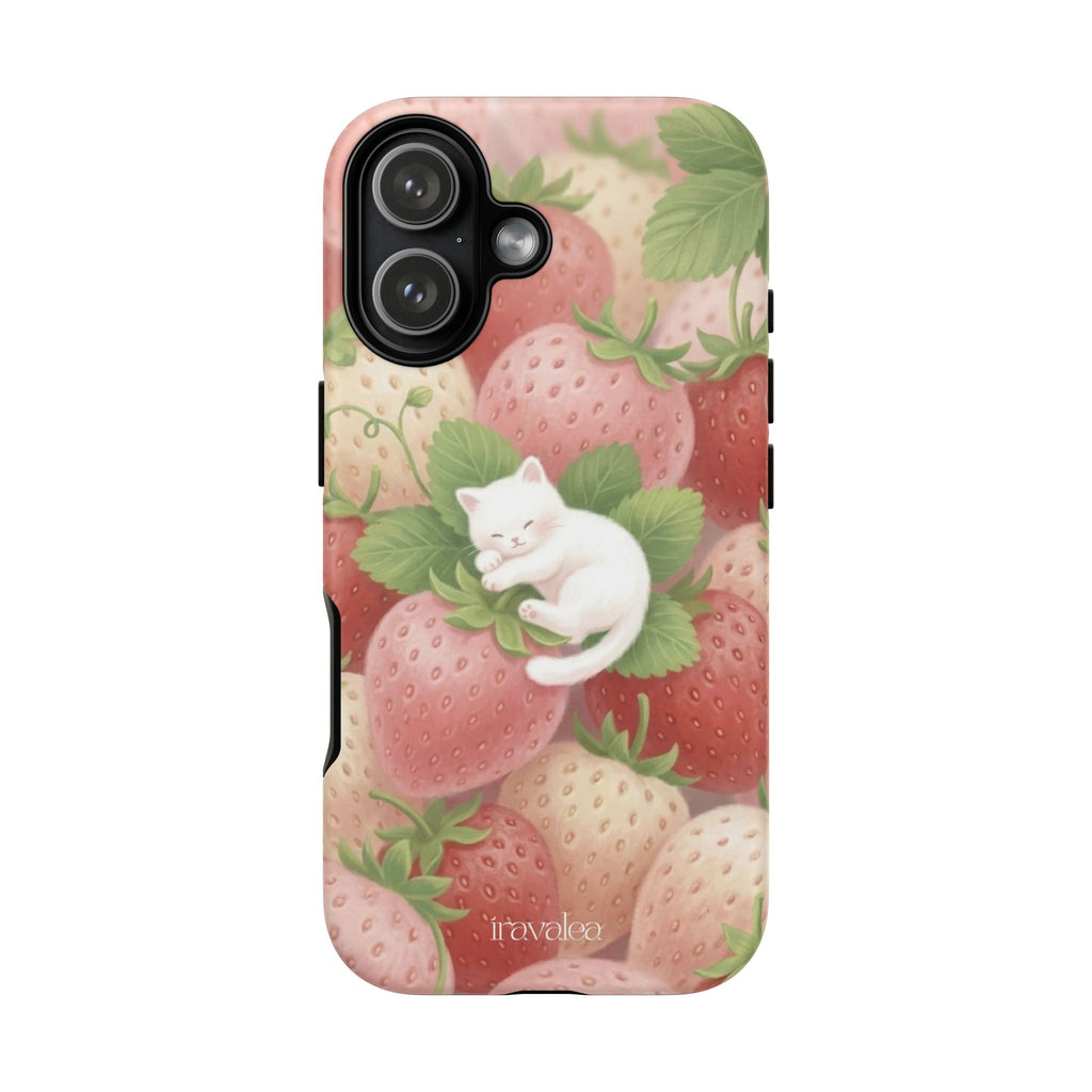 White Sleeping Cat on Strawberries Phone Case