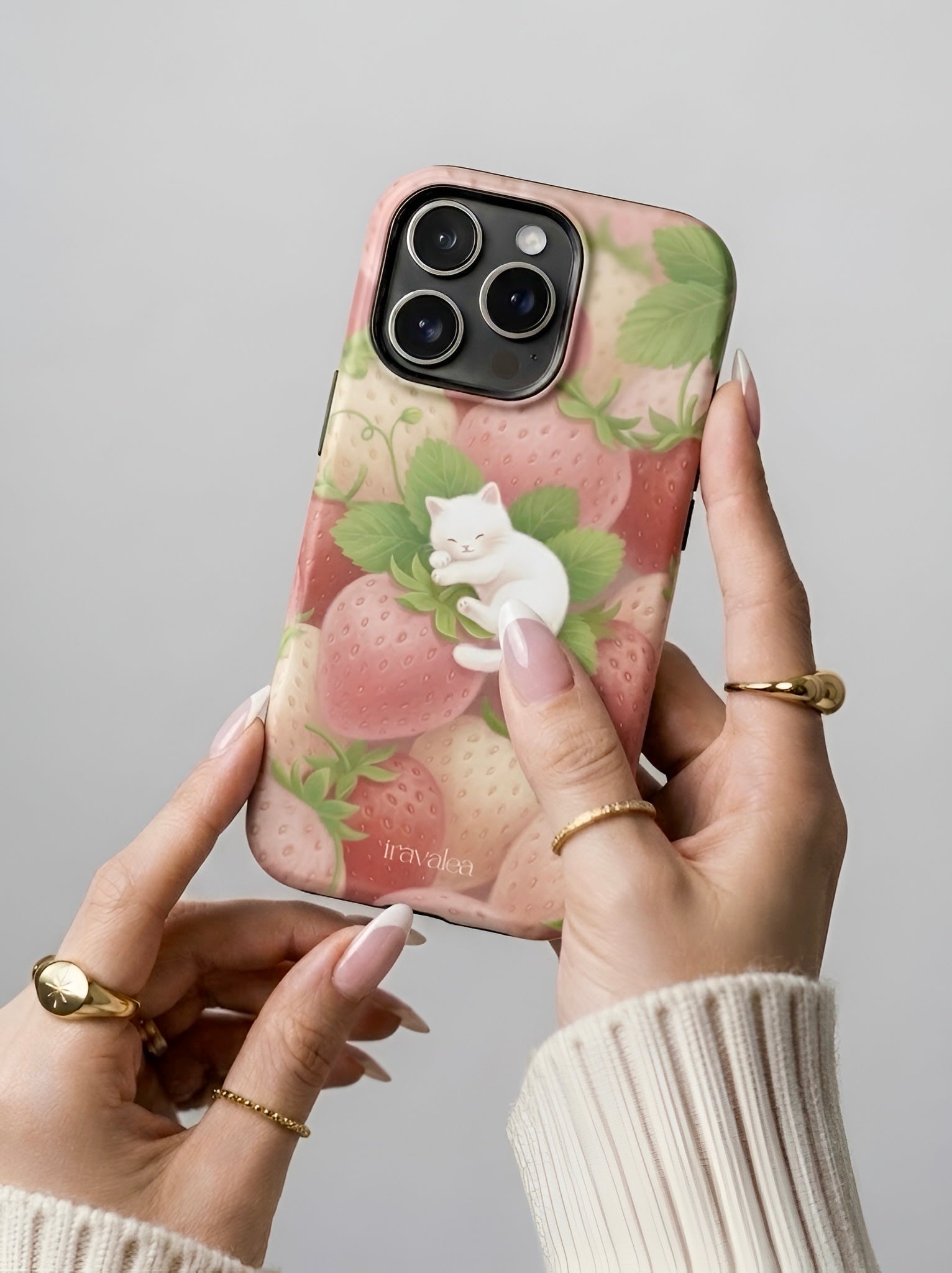 White Sleeping Cat on Strawberries Phone Case