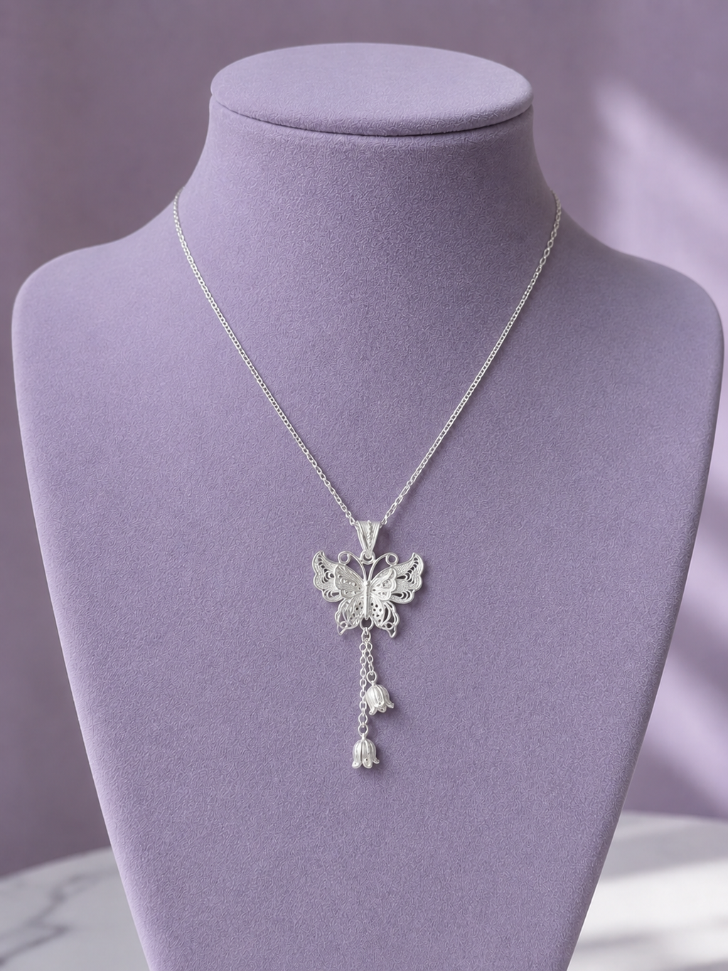 Silver Butterfly Bell Necklace