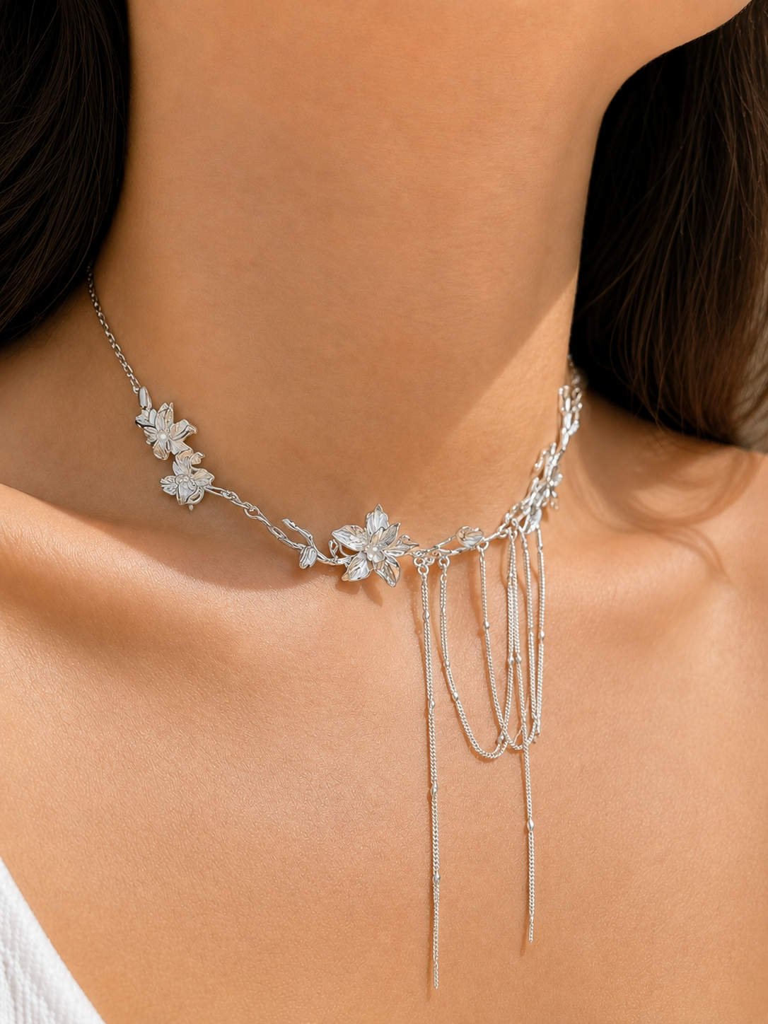 Silver Bloom Cascade Necklace