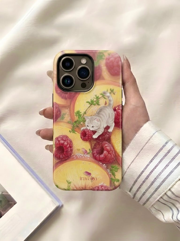 Cat with Raspberries and Peach Slices Phone Case